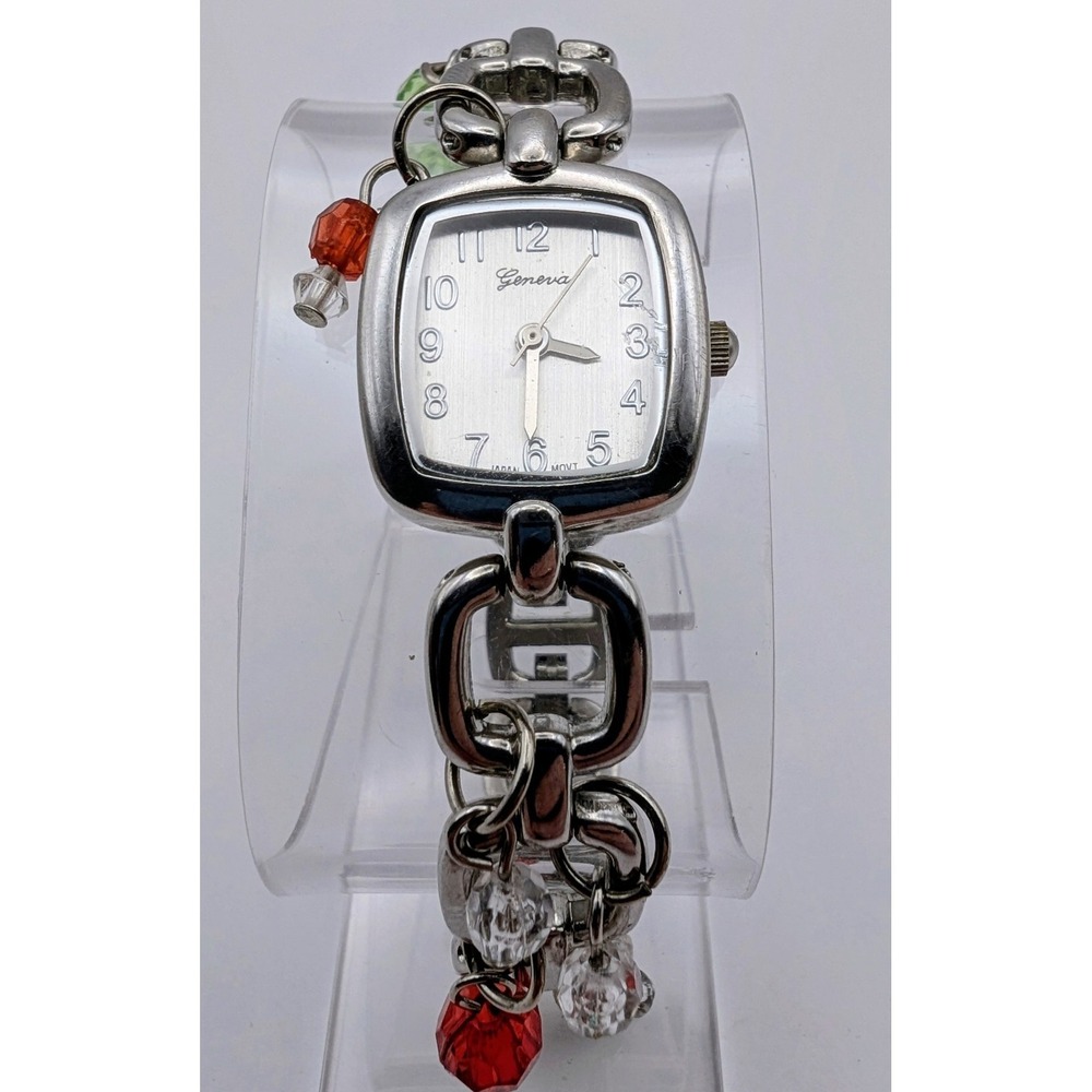 Geneva Woman Watch Silver Links W/ Beads Band New Battery - Picture 3 of 8